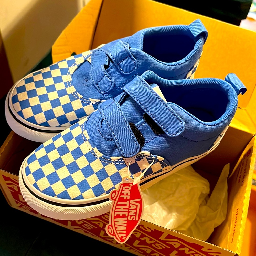 Toddler blue checkerboard Vans shoes